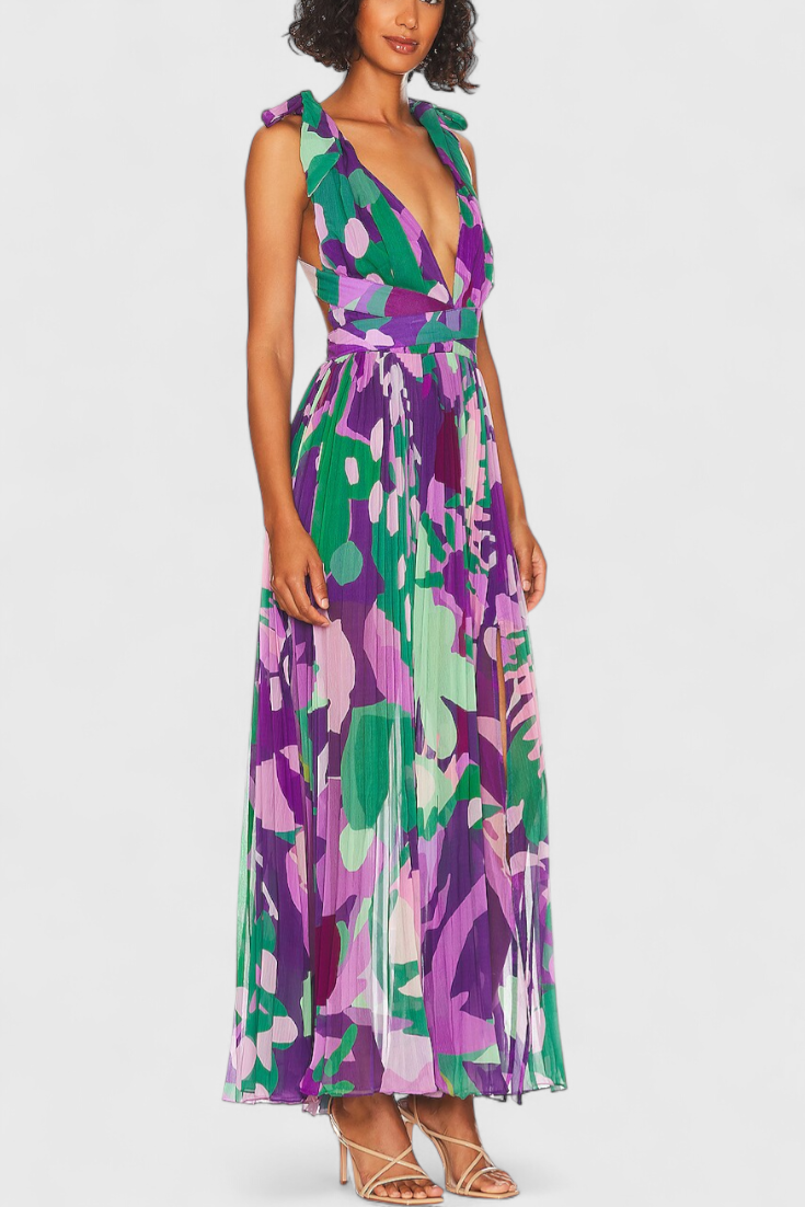 Cecil - Pleated Long Dress with Watercolor and Open Back