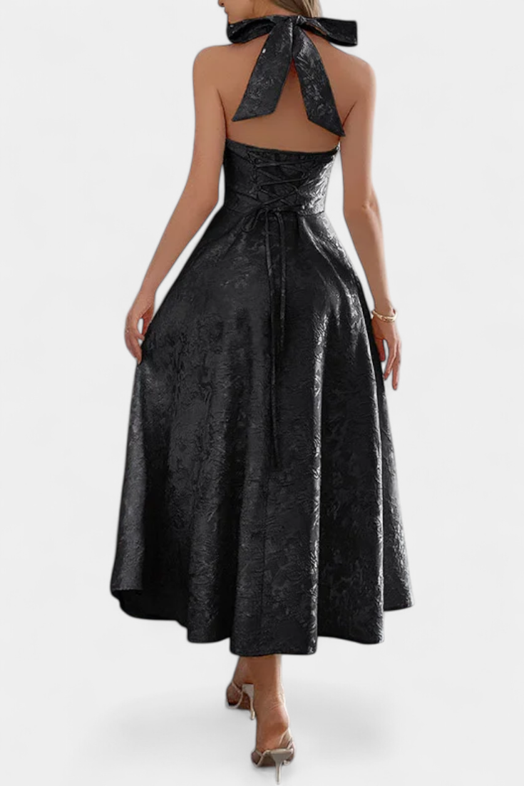 Gilda Jacquard Midi Dress with Open Back and High Waist