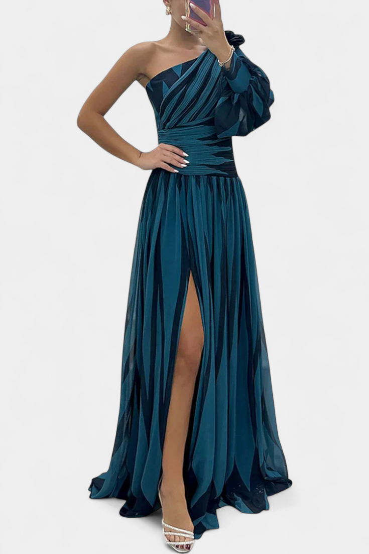 Bethania - Elegant Long Striped One Shoulder Dress