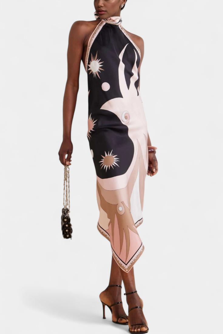 Rosenda Open Back Dress with Abstract Pattern