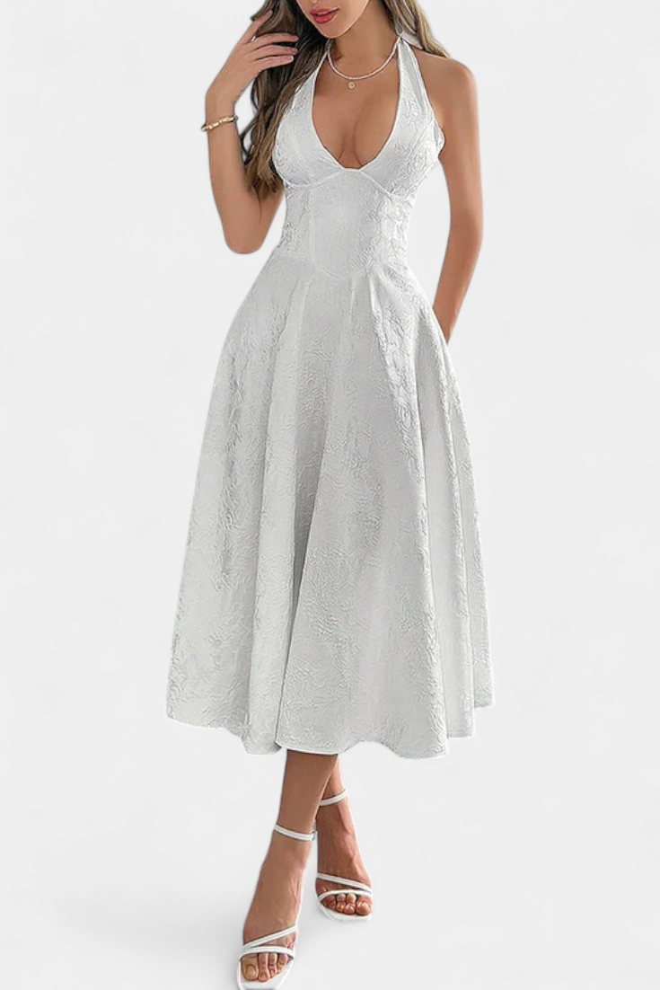 Gilda Jacquard Midi Dress with Open Back and High Waist