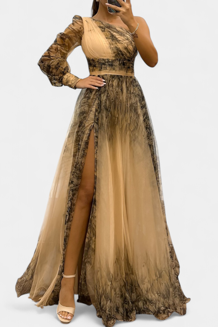 Becca Off-the-Shoulder Chiffon Maxi Dress with Voluminous Flower