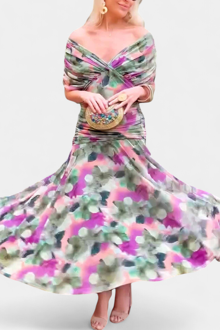 Alondra Long Dress with Fancy Floral Pattern and V-Neckline