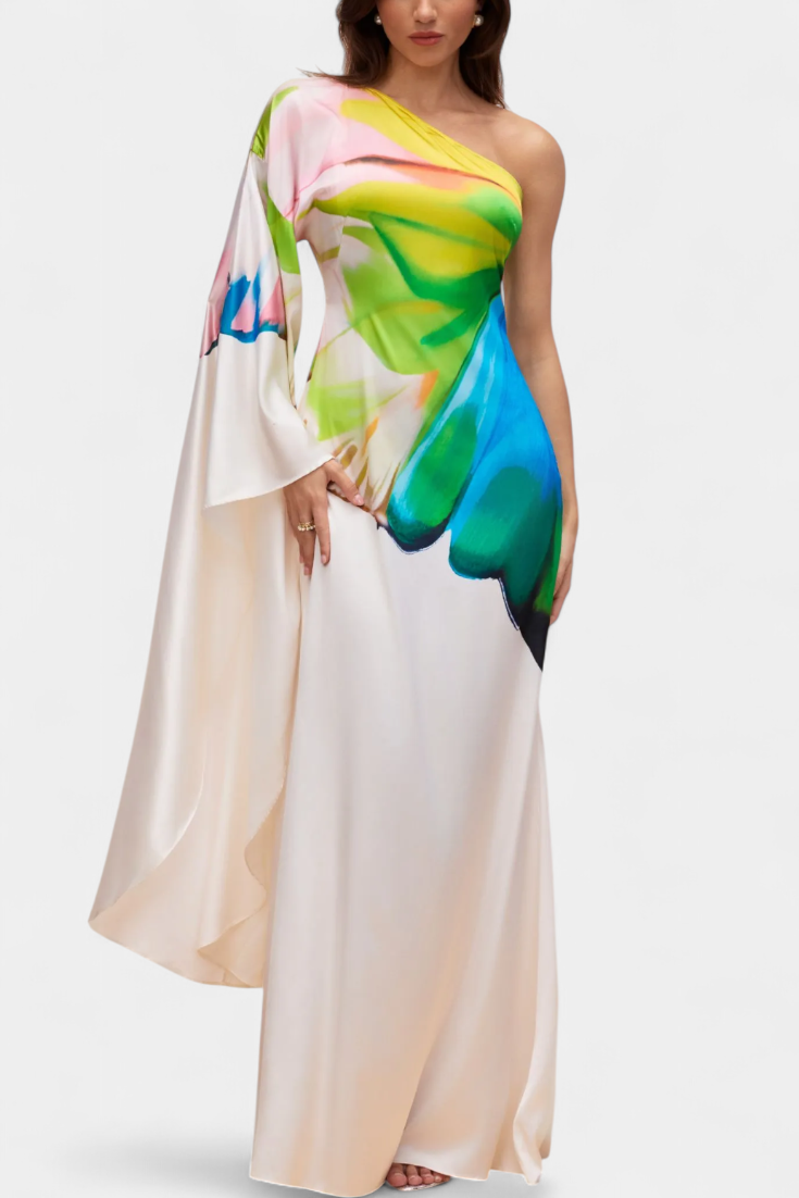 Beryl Asymmetric One-Sleeve Dress with Print