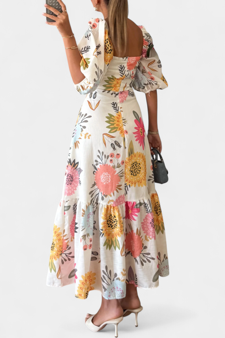 Kacey Floral Midi Dress with Puff Sleeves