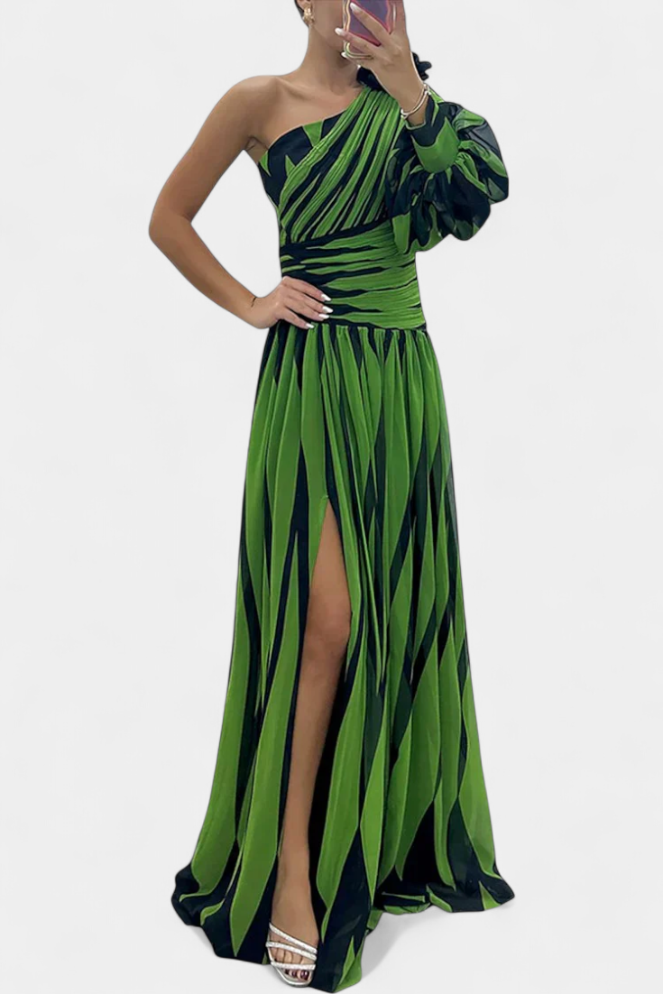 Bethania - Elegant Long Striped One Shoulder Dress