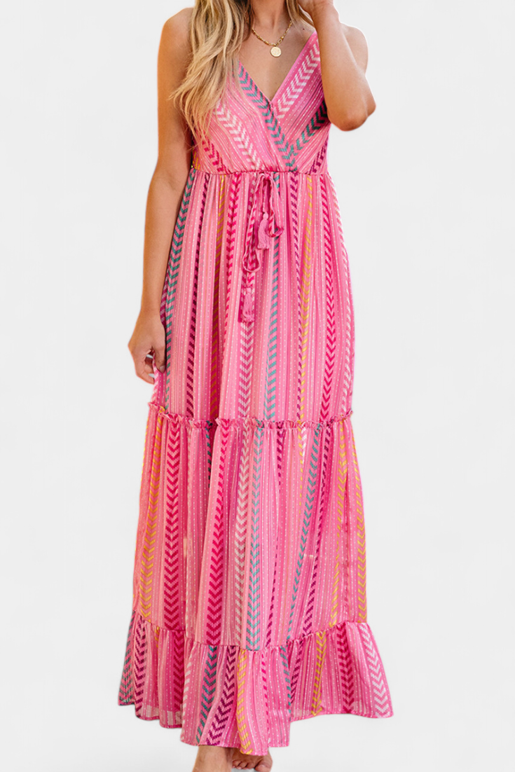 Asunción Long Pink Dress with Multicolored Stripes