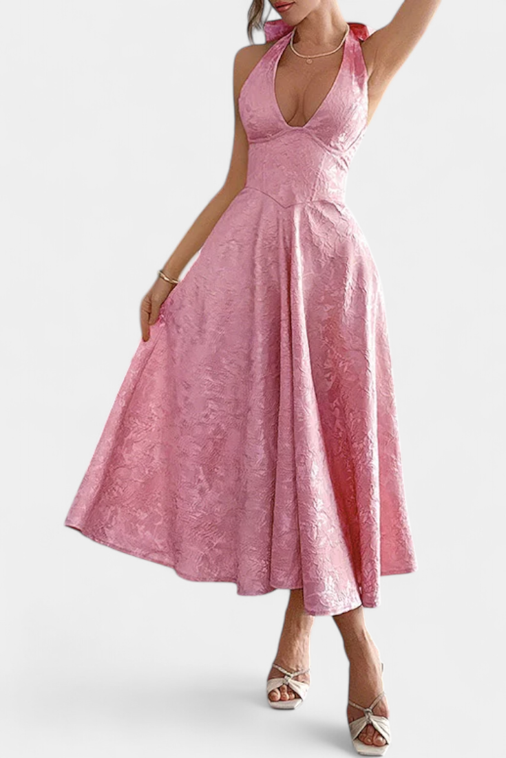 Gilda Jacquard Midi Dress with Open Back and High Waist