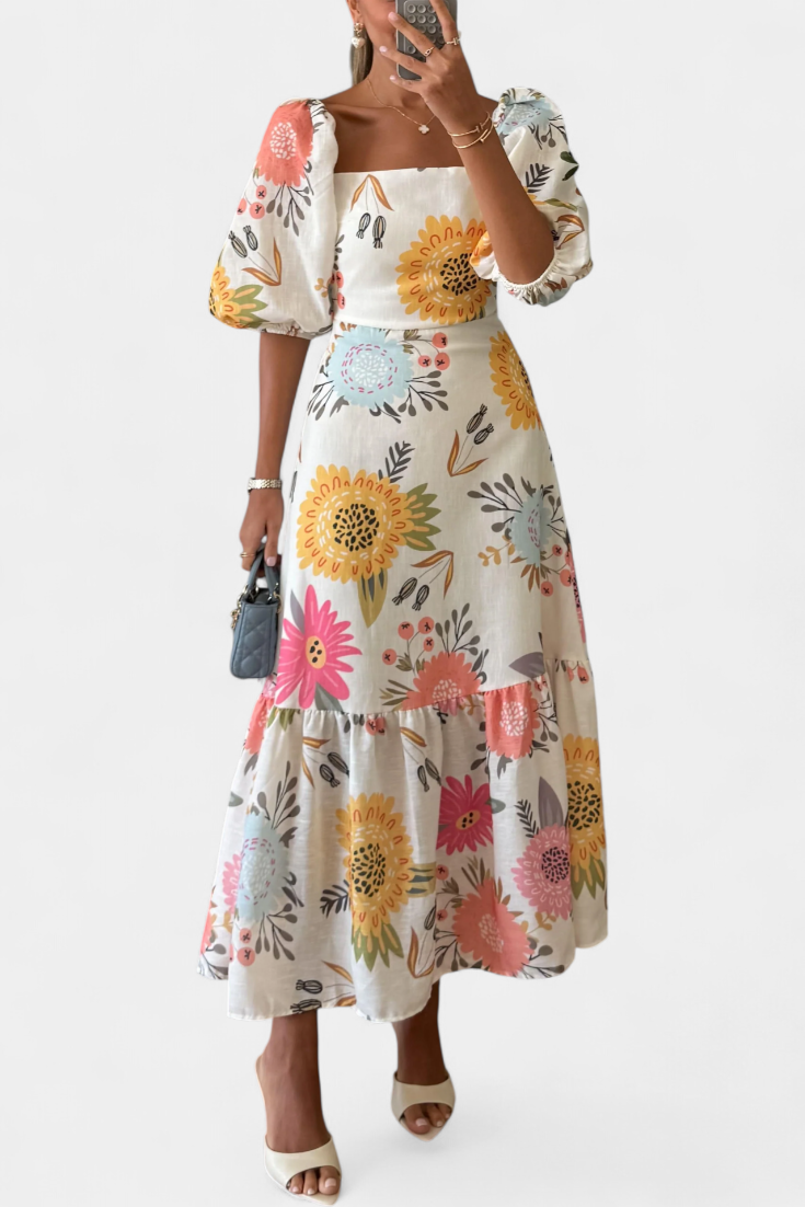 Kacey Floral Midi Dress with Puff Sleeves