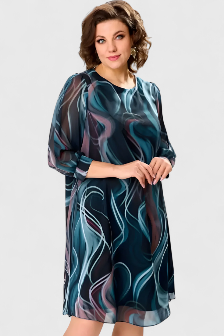 Almira Chiffon Dress with Ocean Whirl Print and Flowing Line