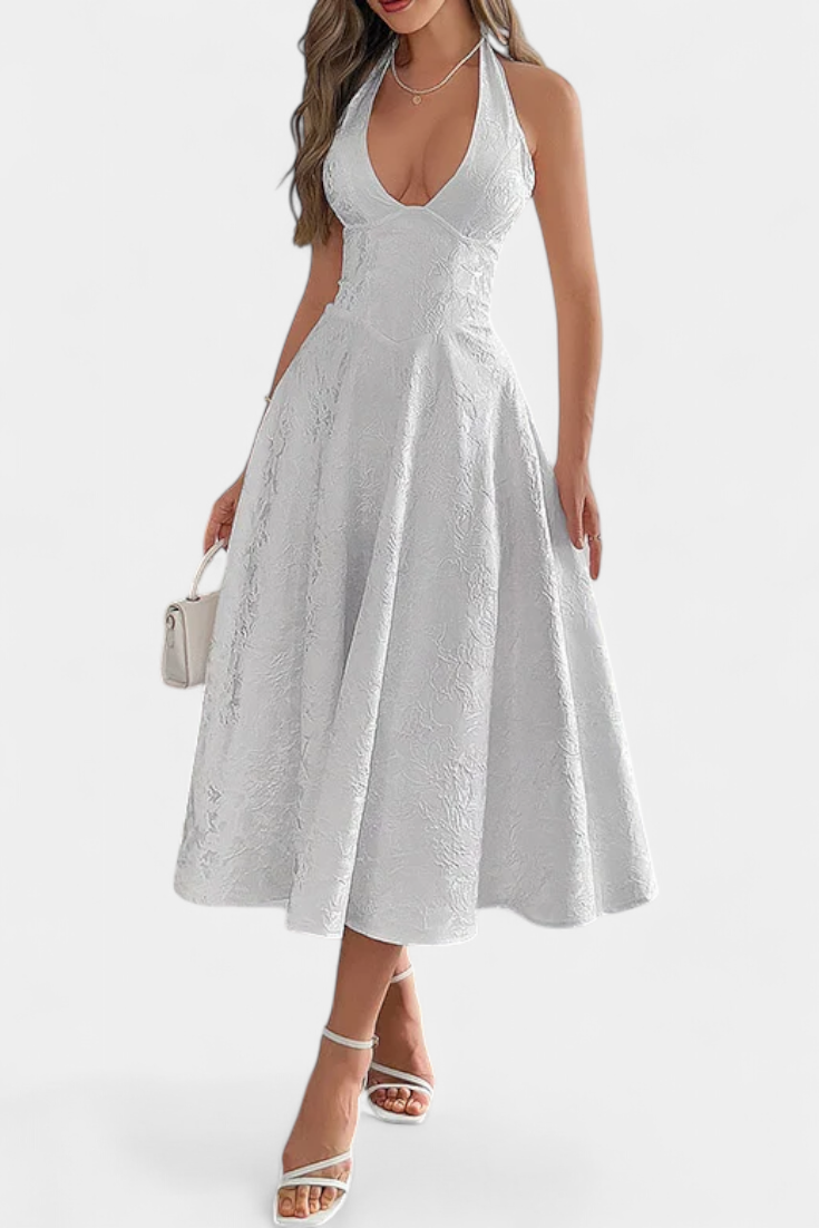 Gilda Jacquard Midi Dress with Open Back and High Waist