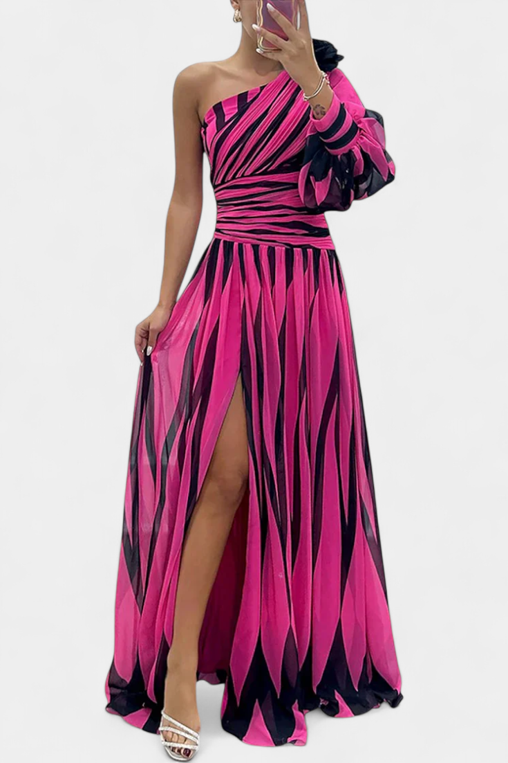 Bethania - Elegant Long Striped One Shoulder Dress