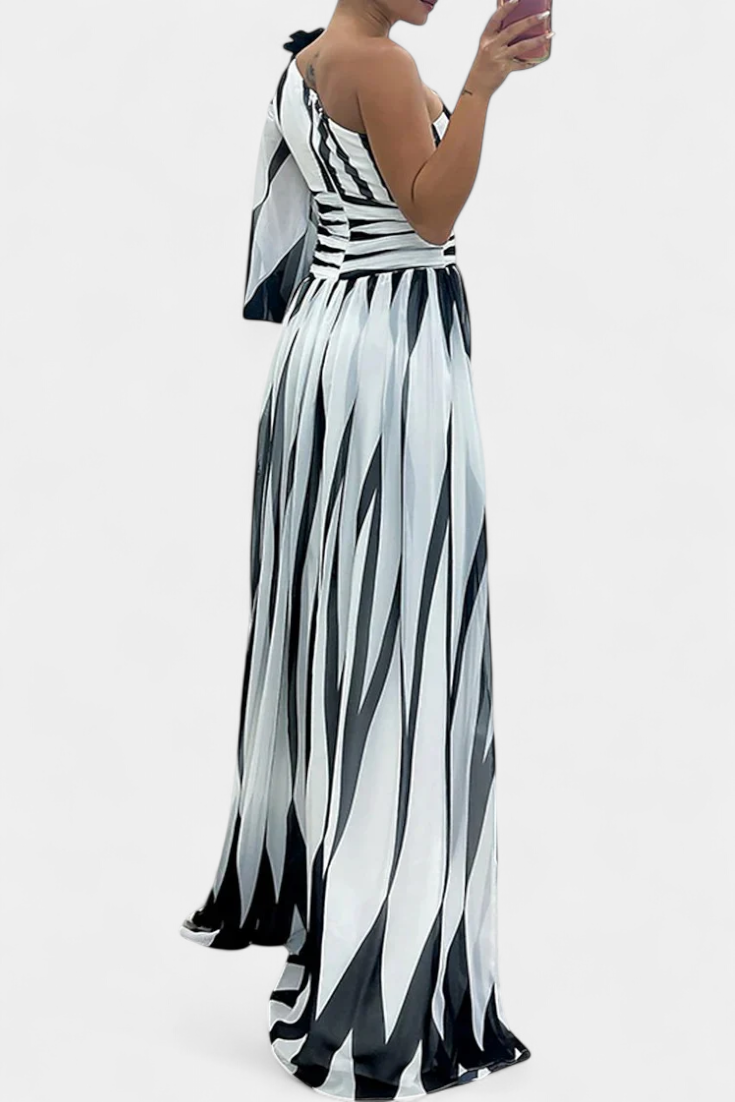 Bethania - Elegant Long Striped One Shoulder Dress