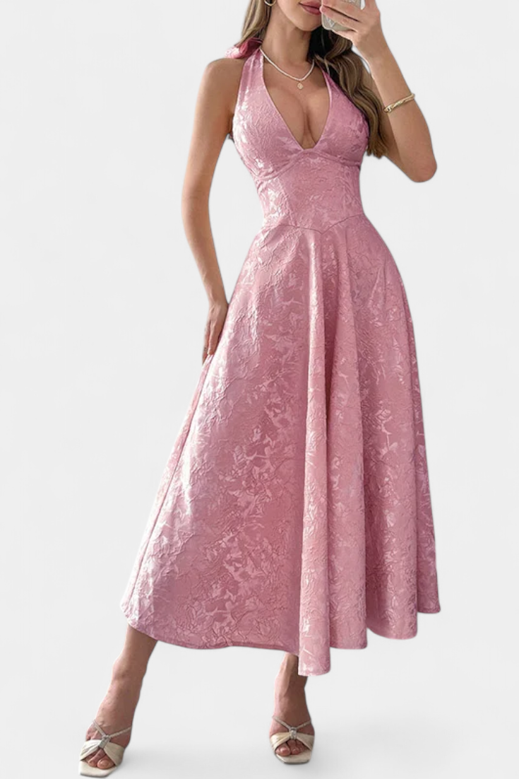 Gilda Jacquard Midi Dress with Open Back and High Waist