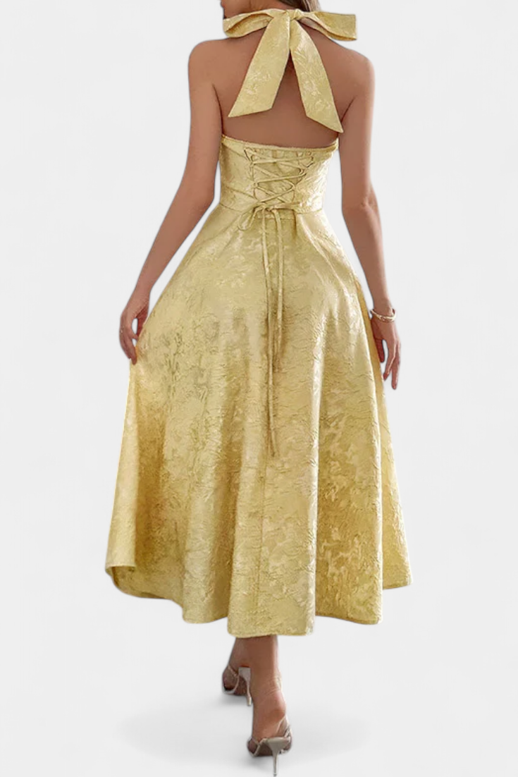 Gilda Jacquard Midi Dress with Open Back and High Waist