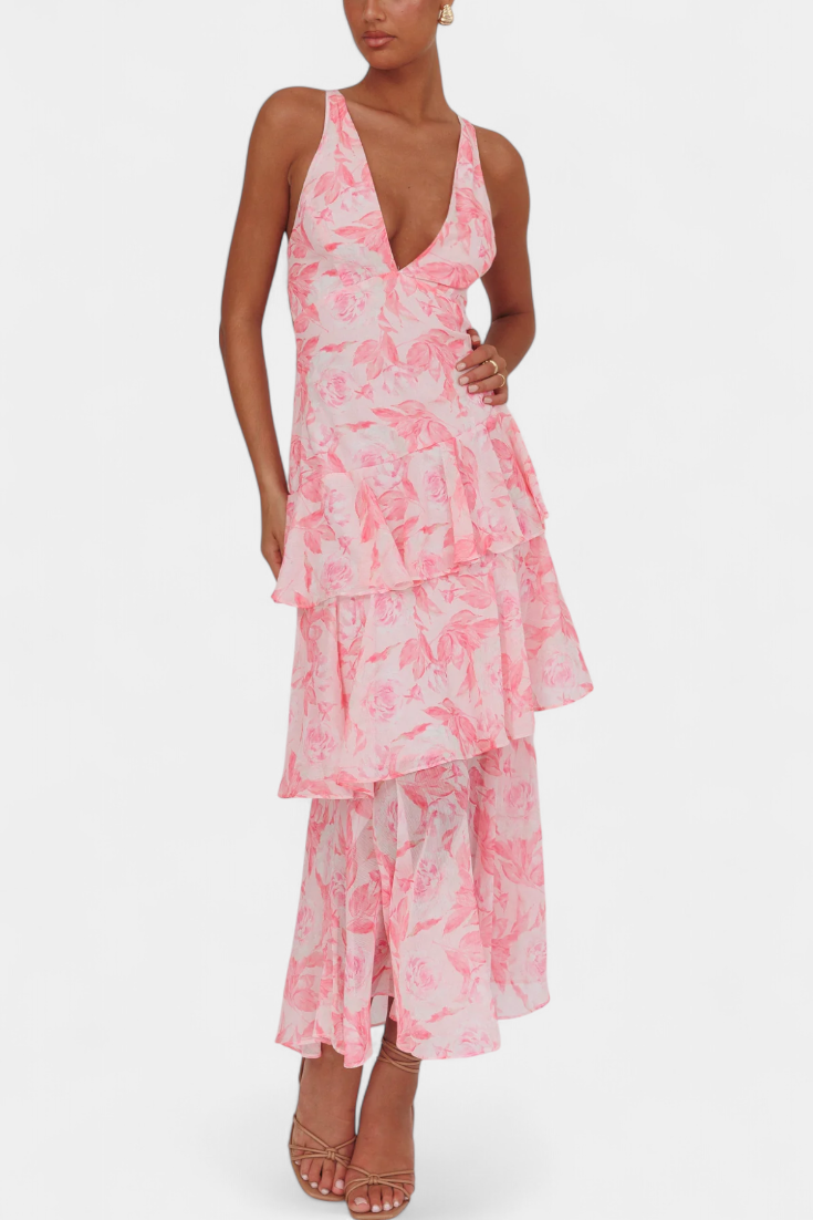 Domenica Chiffon Dress with V-Neckline and Airy Layers