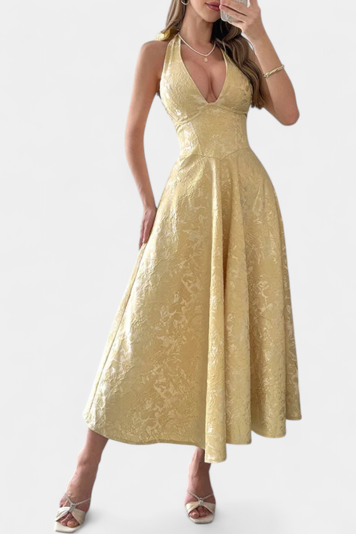 Gilda Jacquard Midi Dress with Open Back and High Waist