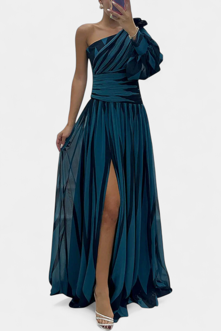 Bethania - Elegant Long Striped One Shoulder Dress