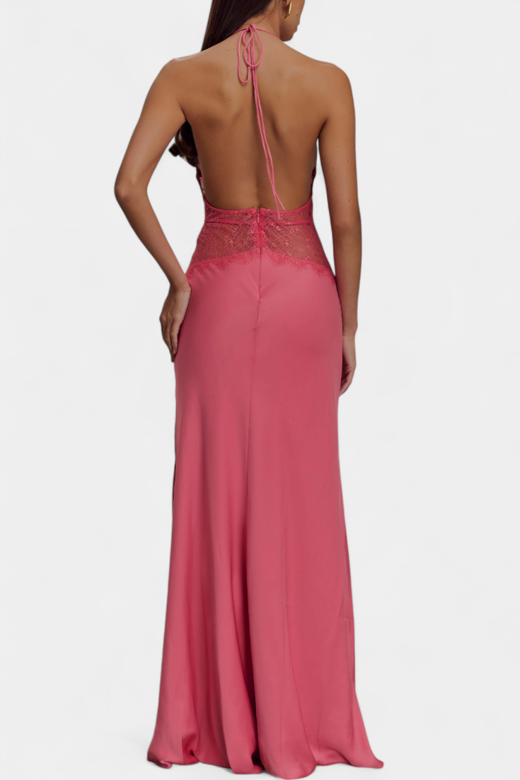 Ashanty Long Dress with Neckline and Sheer Lace at the Waist