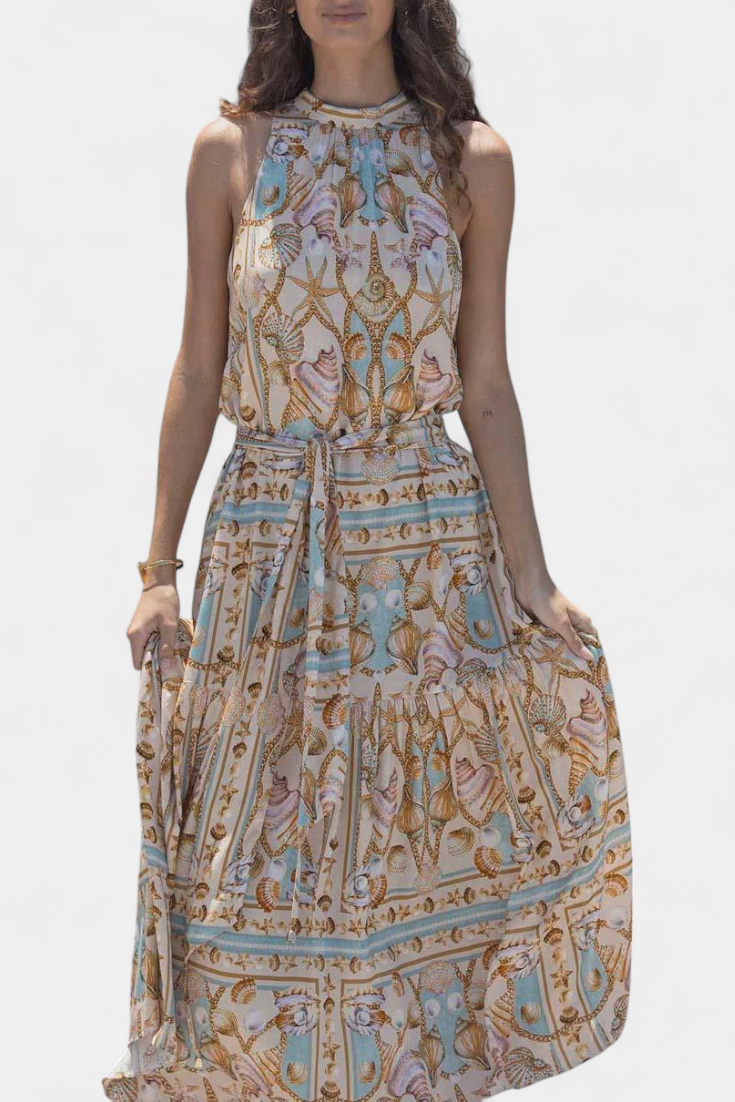 Teófila Long Silk Dress with Ocean Treasures Print