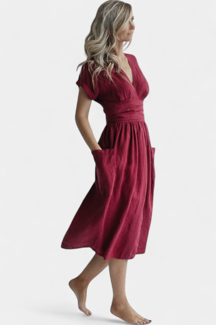 Cressida Cotton Dress with V-Neck and Adjustable Waist
