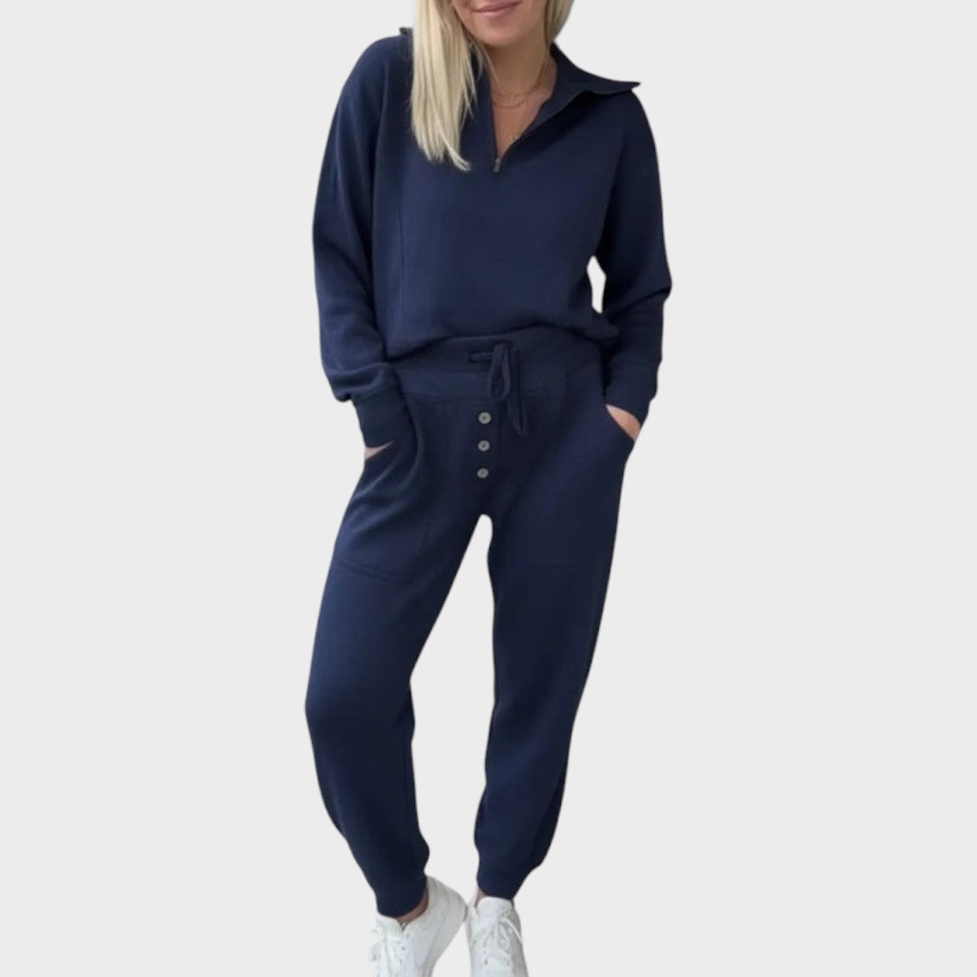 Natassa | Everyday Travel Hoodie with Zipper and Button Pants Two-Piece Set