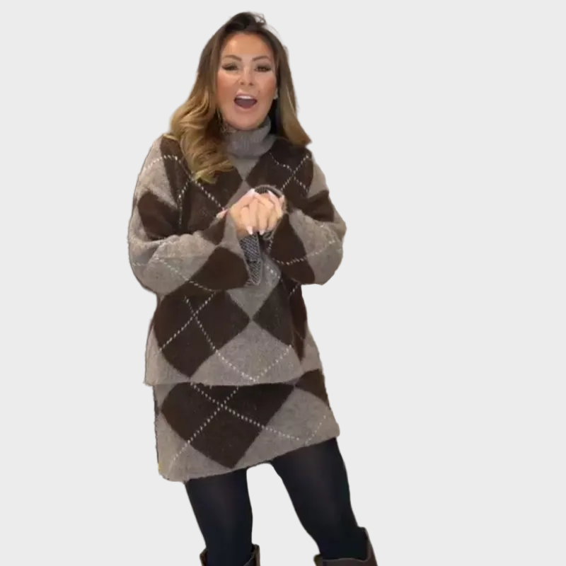 Hira - Diamond Pattern Knit Sweater & Skirt 2-Piece Set