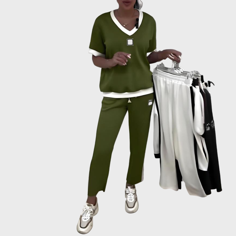 Women's Set with Top and Pants with V-Neckline