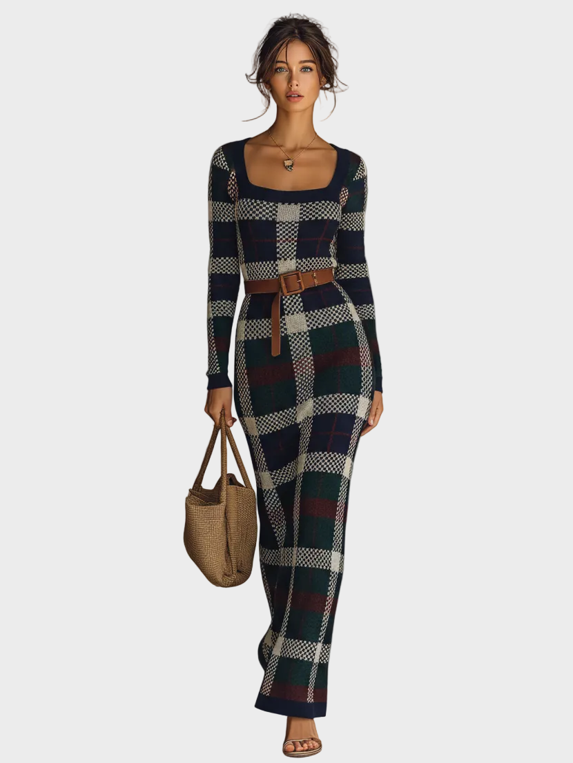Minnie | Women's Minimalist Check Knit Belted Square Neck Maxi Dress