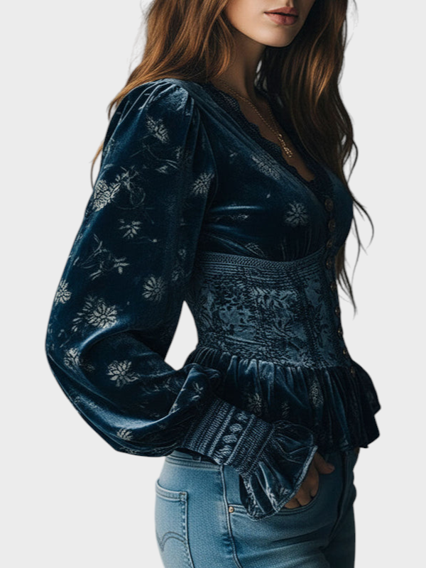 Marilena | Vintage Blue Velvet Blouse with Flowers in Corset Style