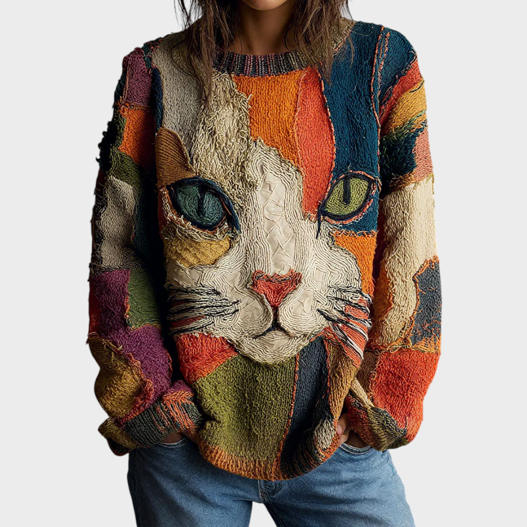 Jenny | Women's blouse with V-neck and geometric cat pattern