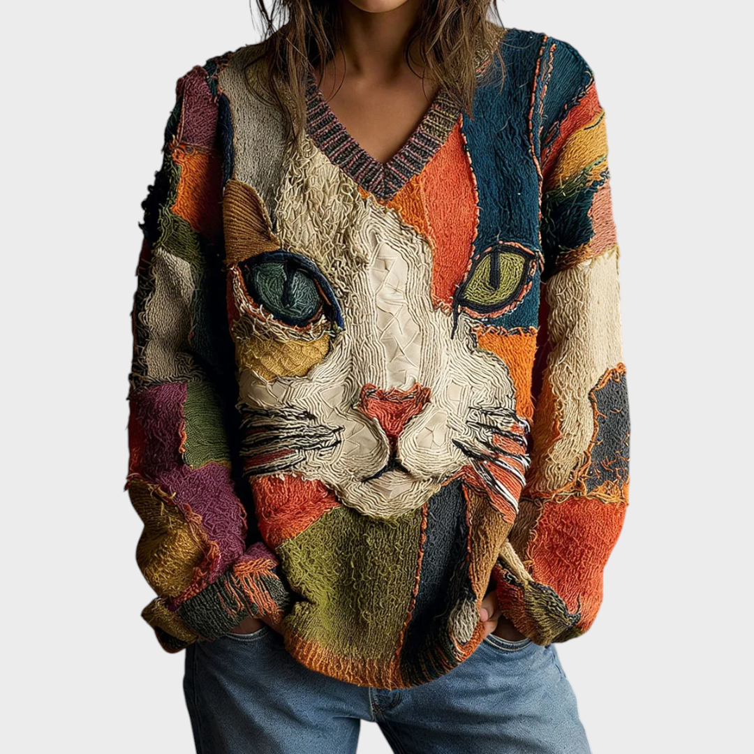 Jenny | Women's blouse with V-neck and geometric cat pattern