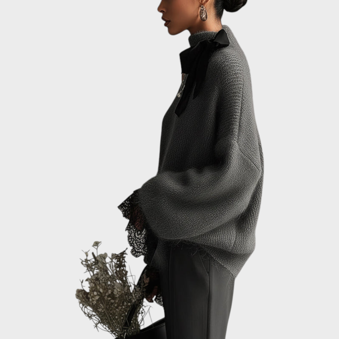 Loisa | Gray Knitted Mohair Sweater With Lace Sleeves