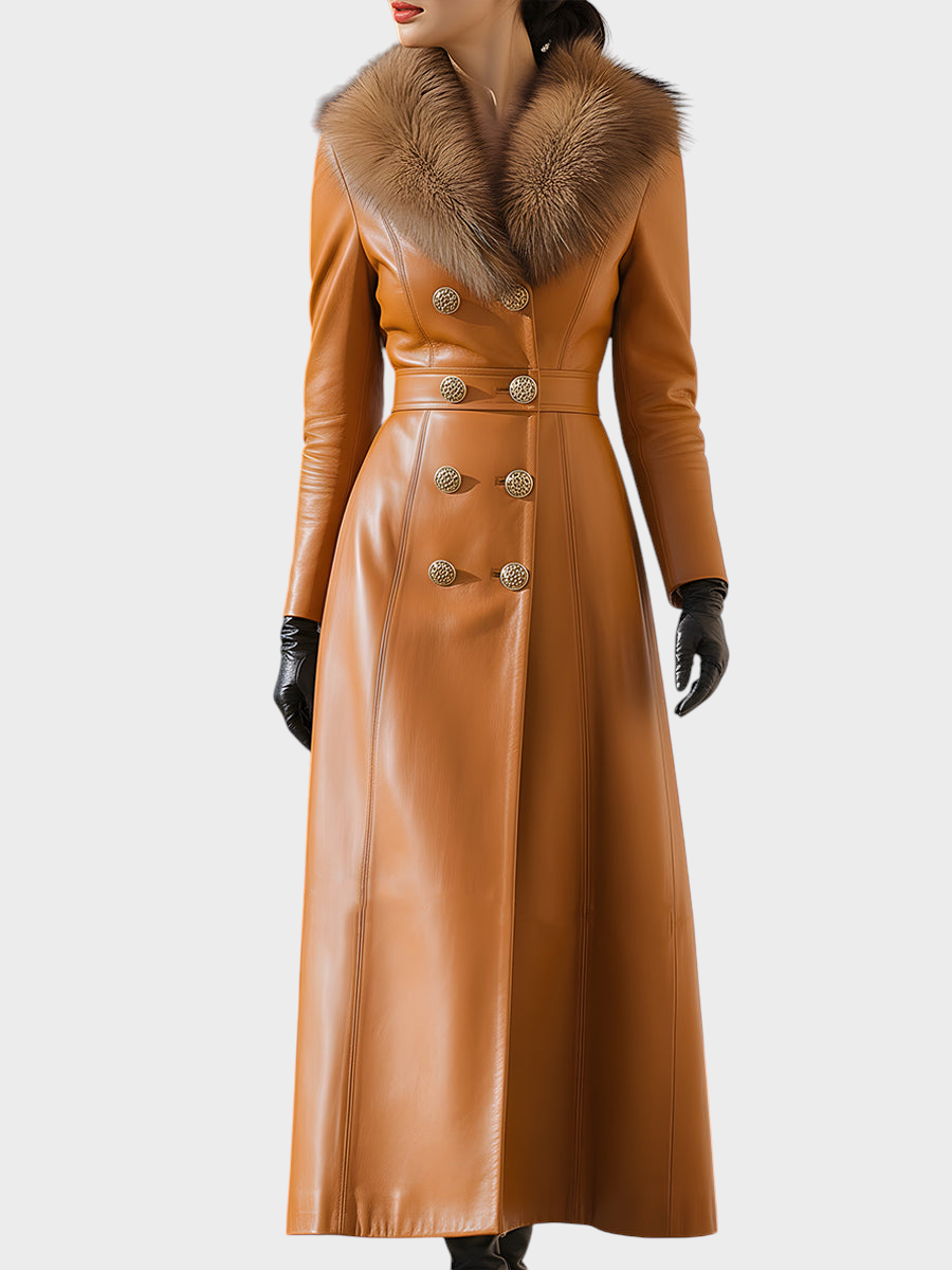 Felicia | Caramel Double-Skinned Leather Jacket with Fur Collar