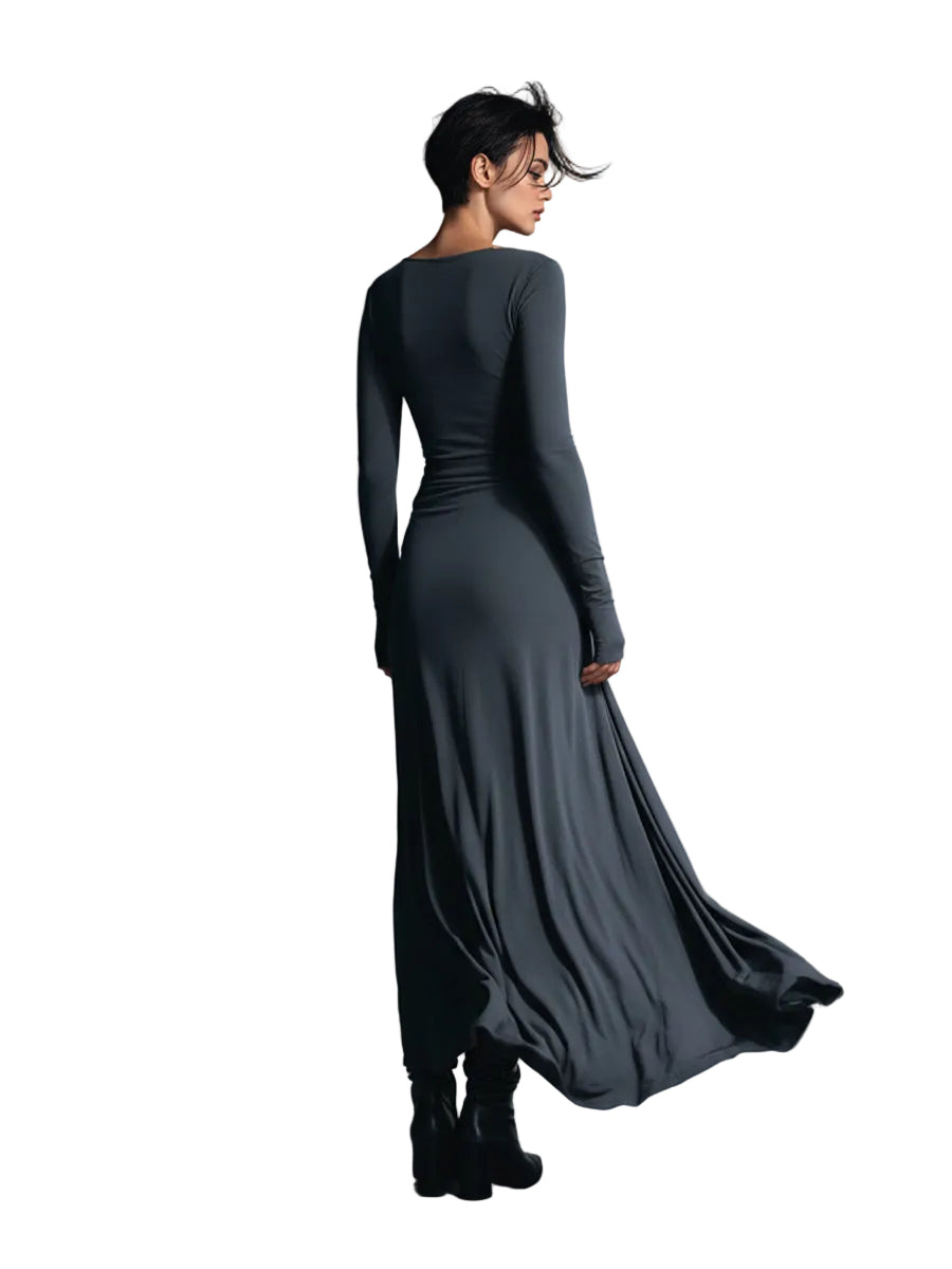 Belle | Women's Gray Exquisite Stretch Blended Fabric Wrap Dress - Knotted Maxi Dress