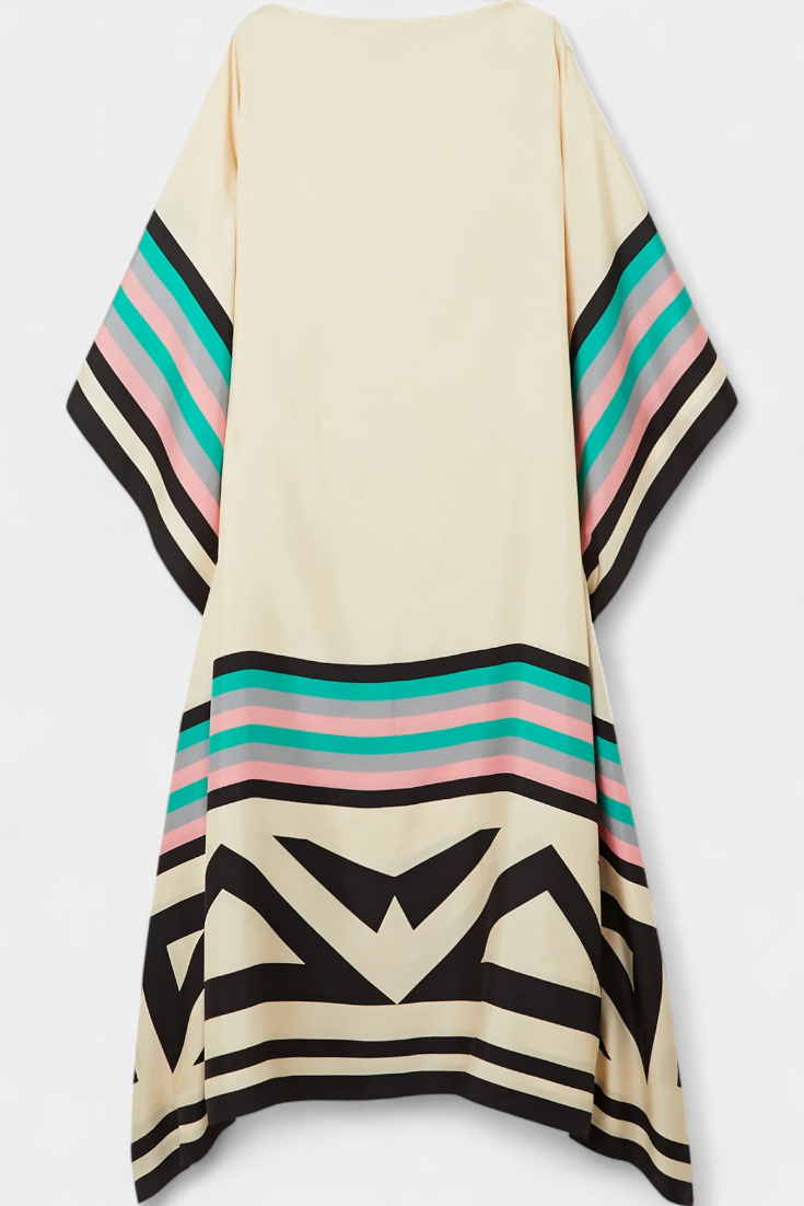 Elenora Kaftan with Geometric Pattern, Wide Line and Butterfly Mesh Fabric