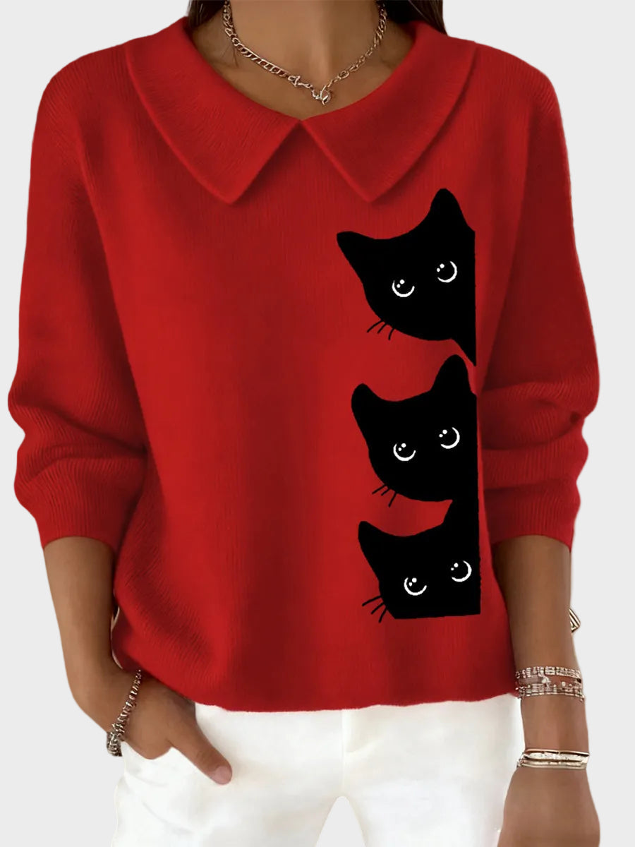 Leslie | Women's Top with Funny Cat Design for Cat Lovers and Baby Doll Collar