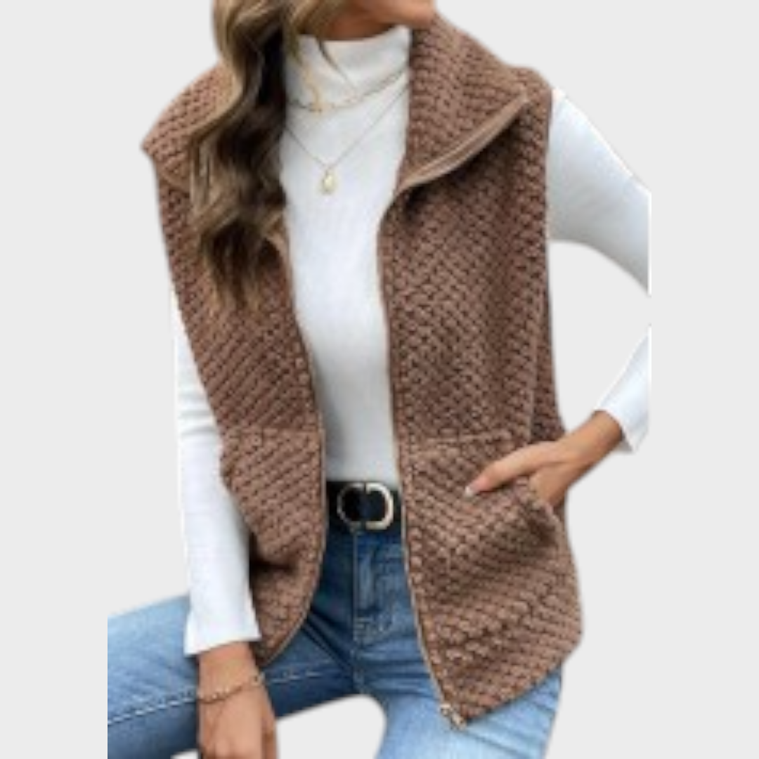 Klarisse | Sleeveless jacket with curved collar and kangaroo pocket in dark brown