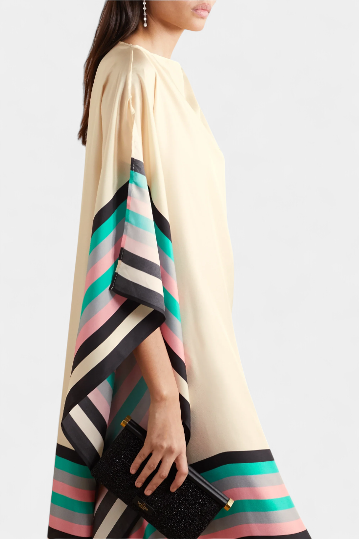 Elenora Kaftan with Geometric Pattern, Wide Line and Butterfly Mesh Fabric