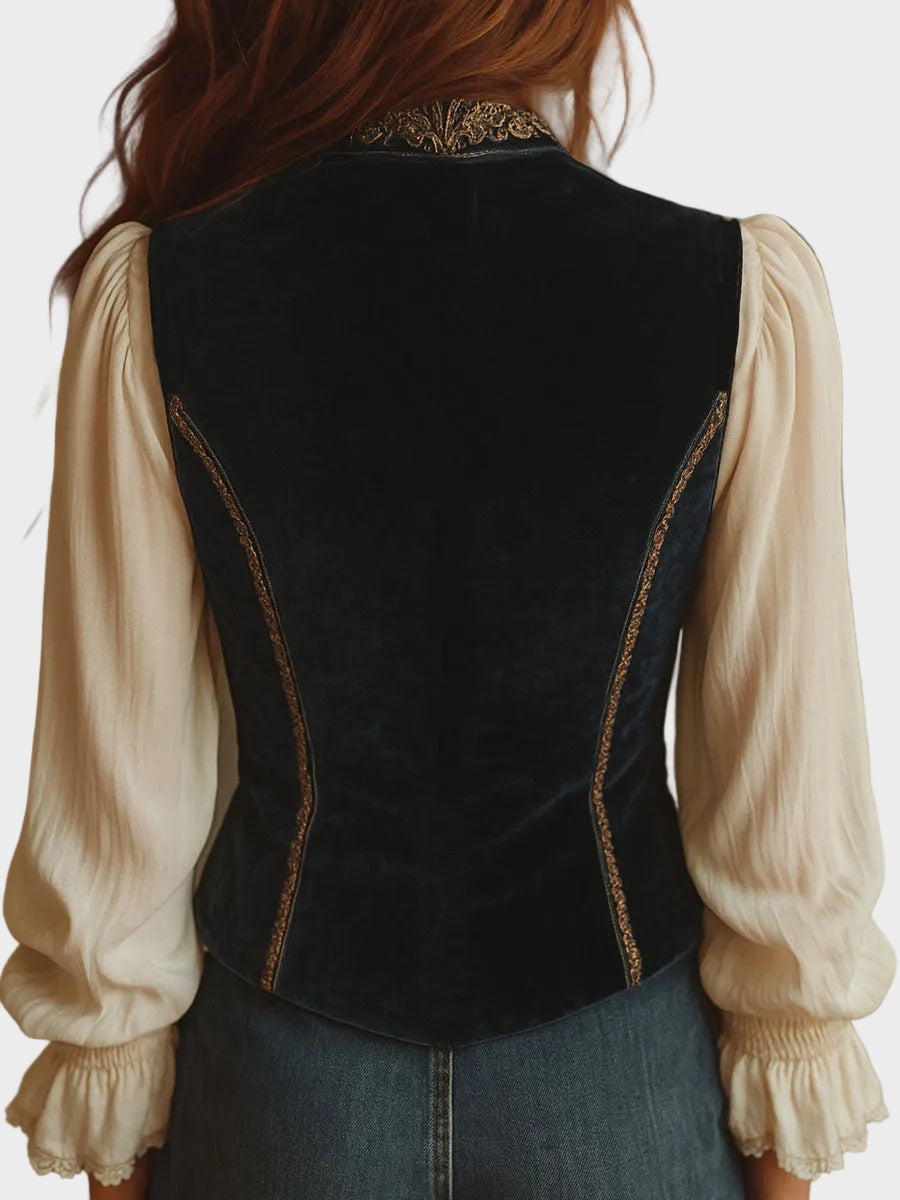 Melanie - Vintage baroque velvet embroidered vest in navy blue