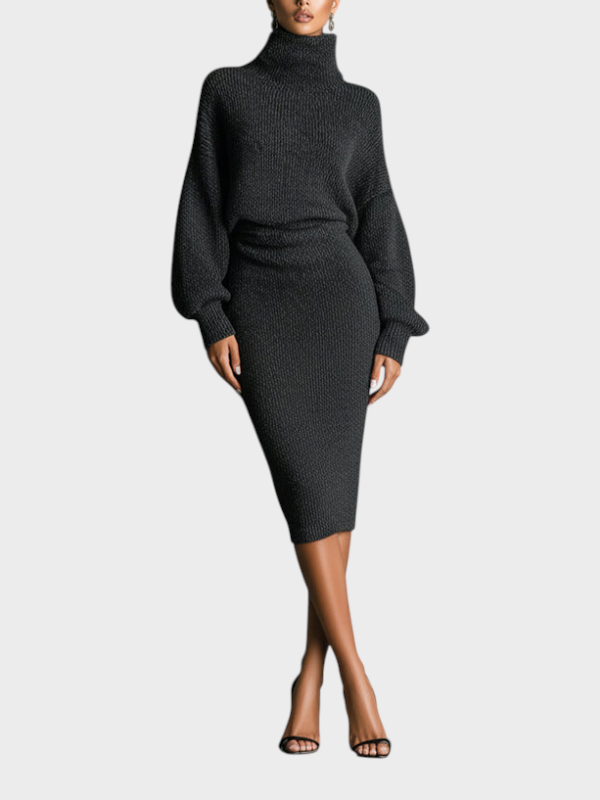 Bettina | Women's Khaki Knitted Midi Dress with High Neck and Oversized Silhouette