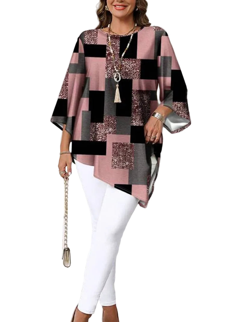 Nurit - Checkered Oversized Printed Blouse With Short Sleeve