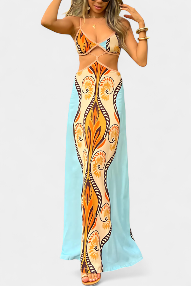 Slit Dress with Abstract Pattern and Open Back