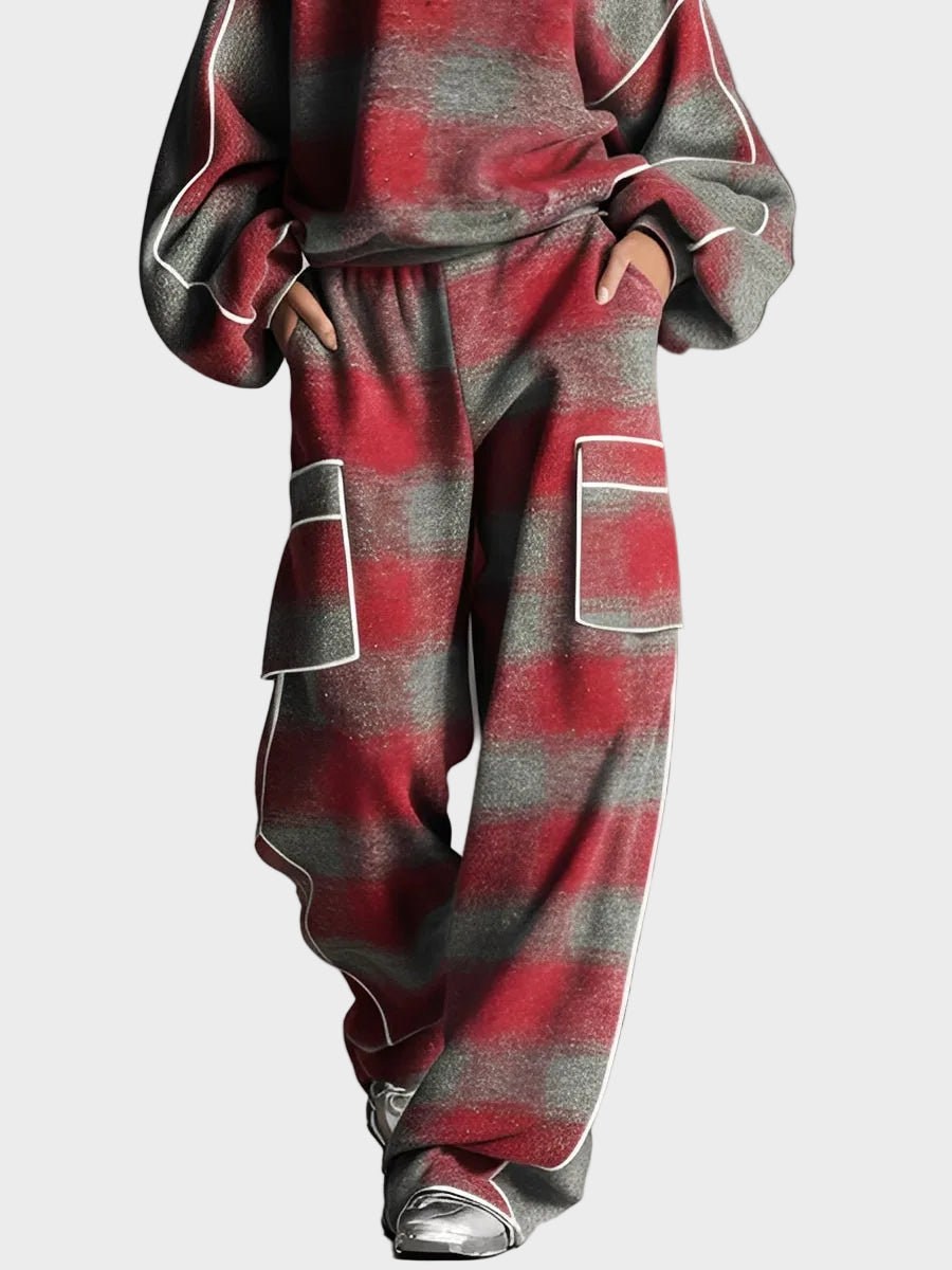 Natasa | Women's Red And Grey Checkered Brushed Distressed Street Style Pants Set With Colored Details
