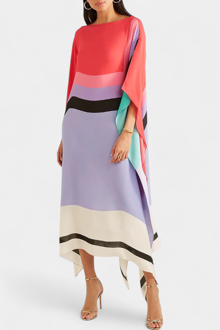 Elenora Kaftan with Geometric Pattern, Wide Line and Butterfly Mesh Fabric