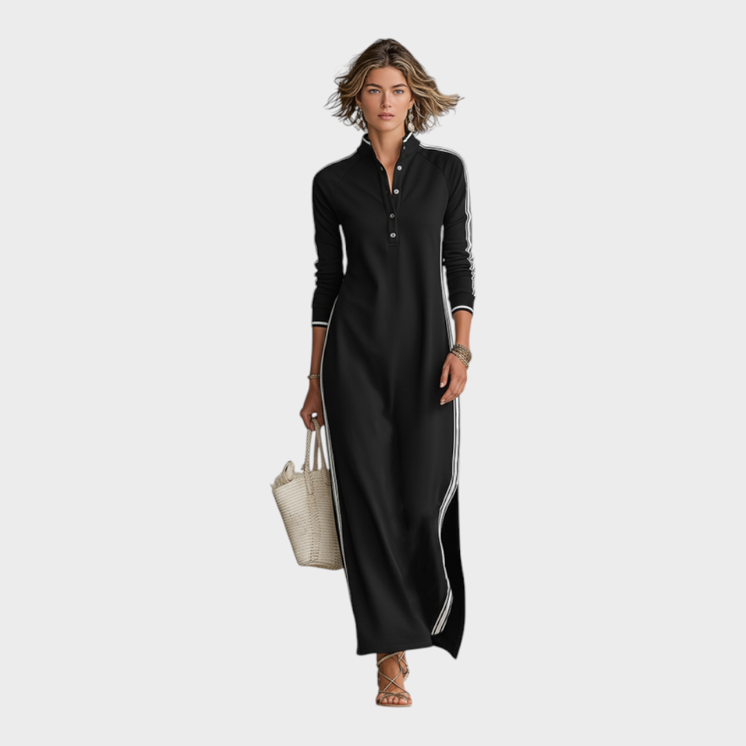 Jenalie | Women's Minimalist White-trimmed Button-down Collar Sweatshirt Dress Maxi Dress MDA0958L0Y