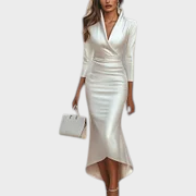 Blanca | Women's White Satin Dress Wrap V Neck 3/4 Sleeve High Low Bodycon Maxi Dress
