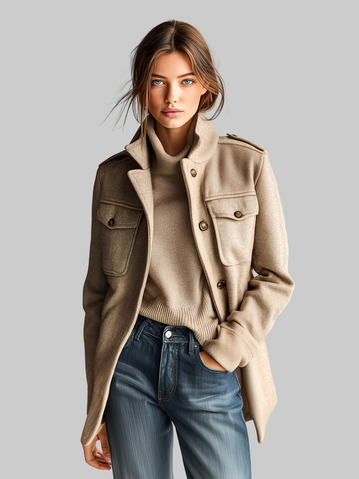 Artemis | Eleven Ora Vintage Casual Camel Wool Blend Jacket with Stand Collar and Multiple Pockets
