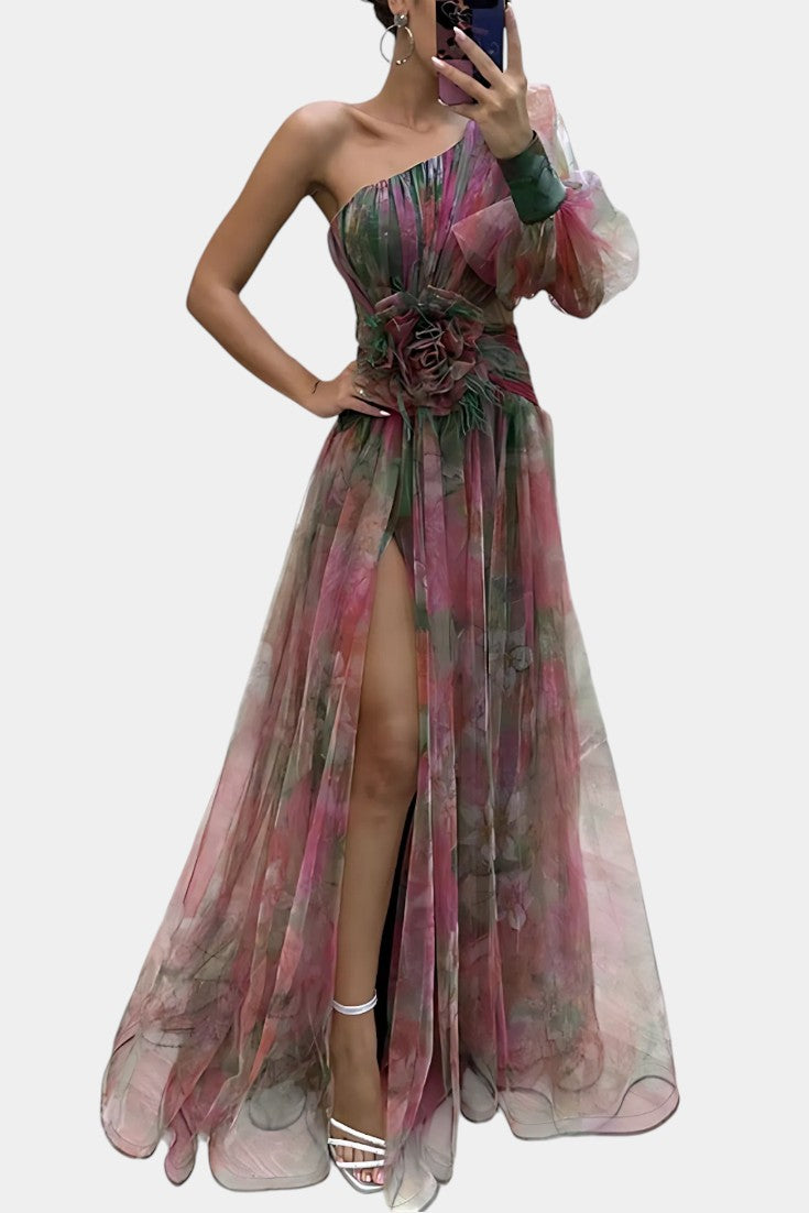 Amelie Asymmetric One-Shoulder Maxi Dress with Artistic Design