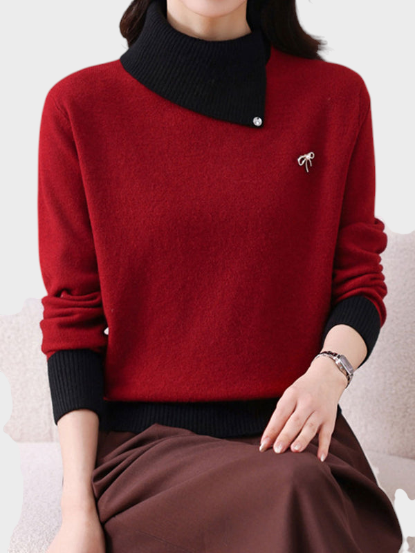 Solvej | Classic Knitted Sweater with High Neck and Contrast Panel